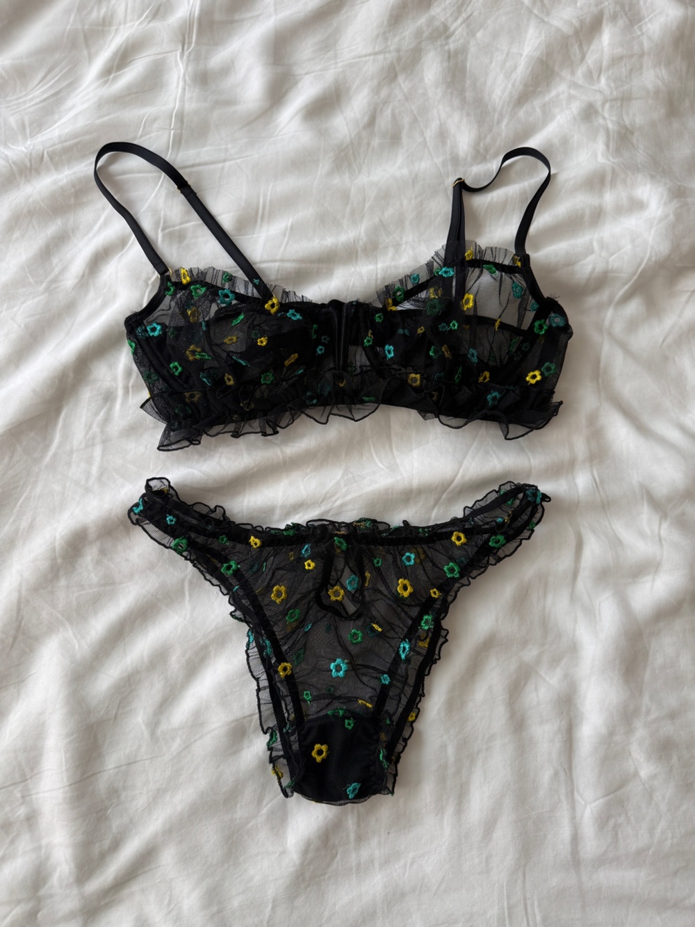 Le Petit Trou Black Sheer Floral Embroidered Set